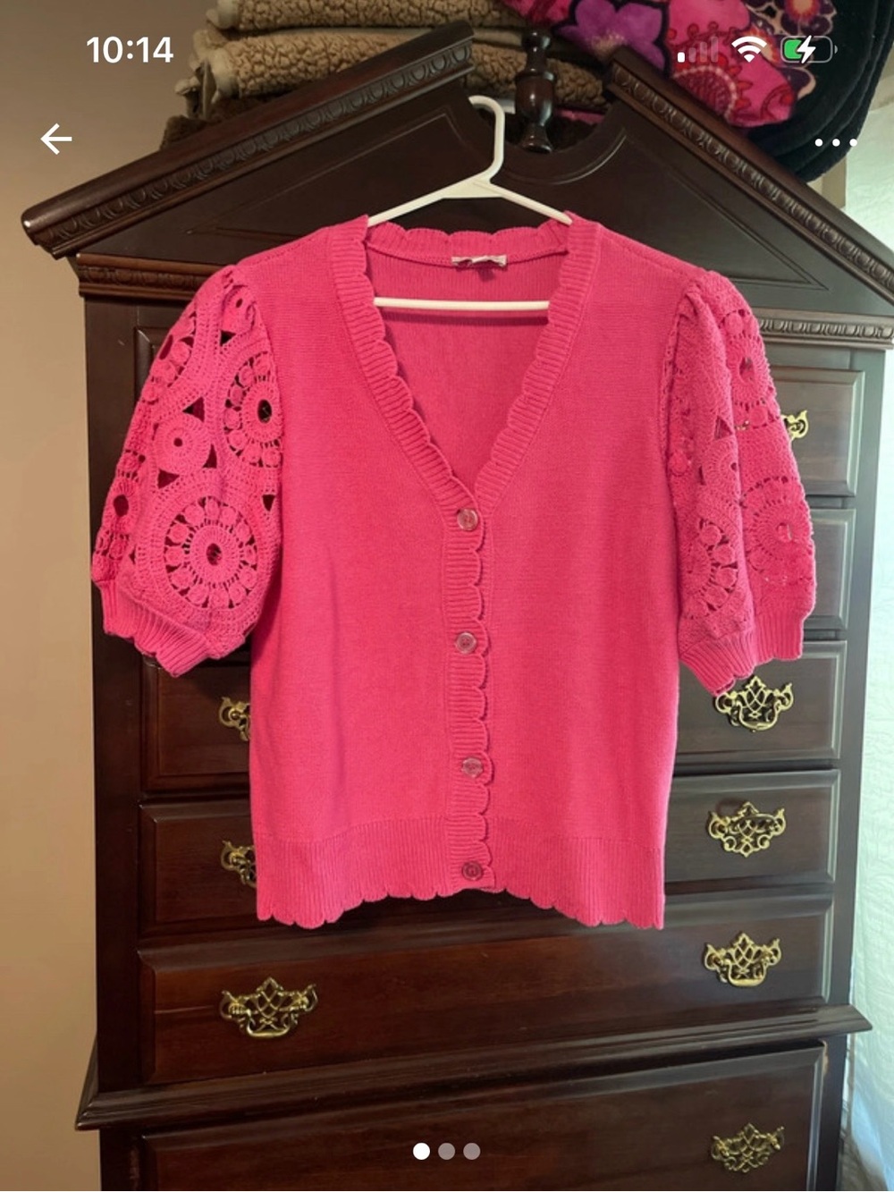 crown & ivy Pink Crochet Puff Sleeve V-Neck Cardigan medium